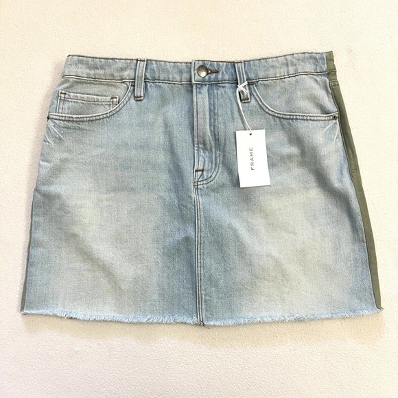 NWT Frame Canteburry Blue Green Raw Hem Mixed Media Le Cargo Mini Denim Skirt 29 - Picture 1 of 8